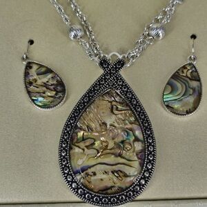 Abalone Shell Necklace and Earrings Set - Silver Tone